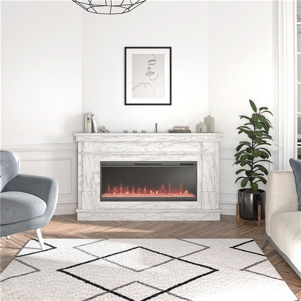 Novogratz Waverly White Marble Engineered Wood Wide Mantel with Linear Electric Fireplace