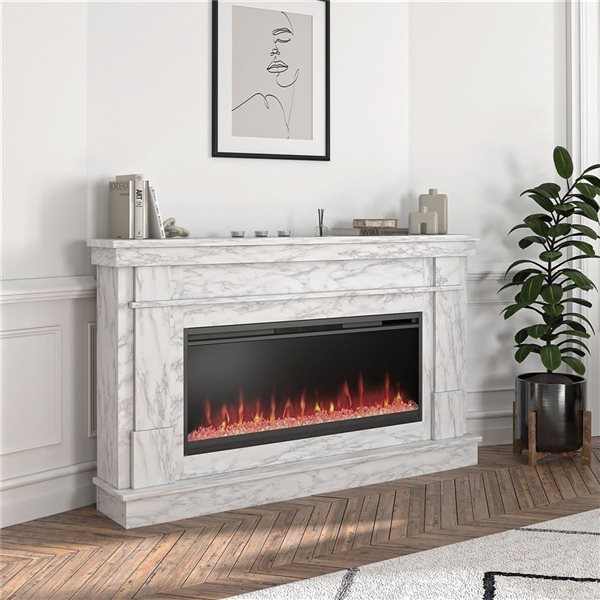 Novogratz Waverly White Marble Engineered Wood Wide Mantel with Linear Electric Fireplace