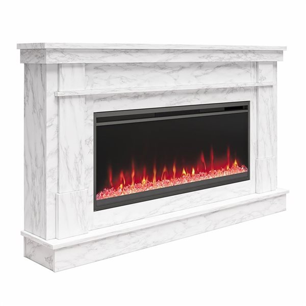 Novogratz Waverly White Marble Engineered Wood Wide Mantel with Linear Electric Fireplace