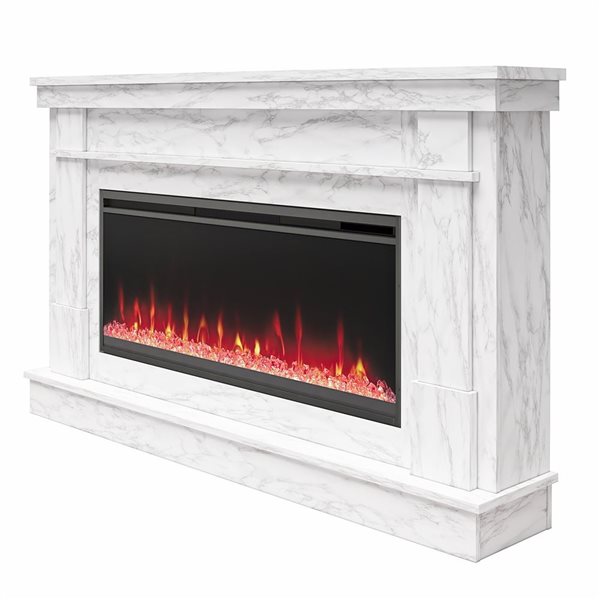 Novogratz Waverly White Marble Engineered Wood Wide Mantel with Linear Electric Fireplace