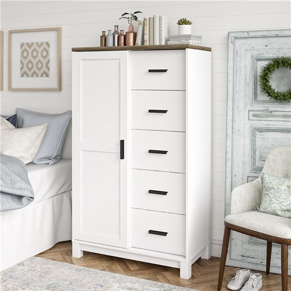 Ameriwood Home Chapel Hill 53.12 H x 31.5 W x 15.75-in D White/Walnut 5-Drawer 5-Shelf Gentleman's Chest