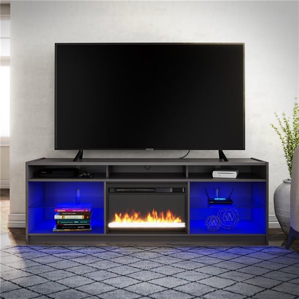 Ameriwood Home Luna Graphite Grey Electric Fireplace TV Stand w/ LED Lights - For TVs up to 75-in