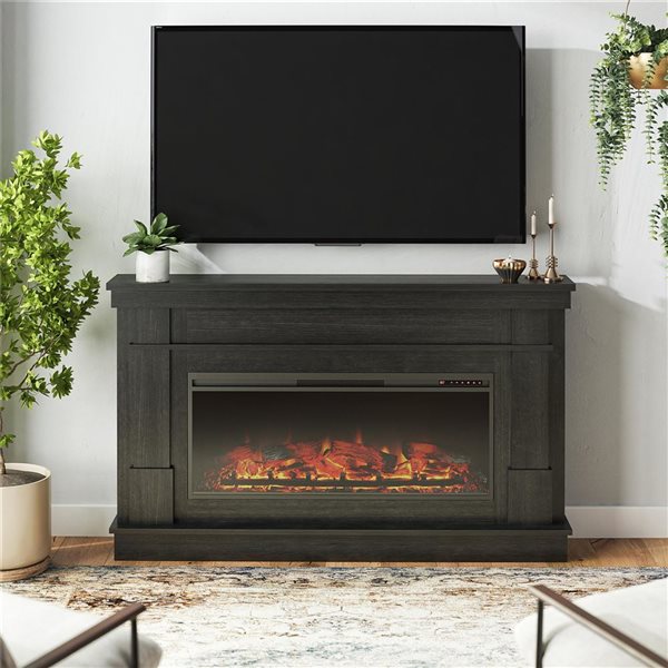 Ameriwood Home Elmcroft Black Oak Engineered Wood Wide Mantel with Linear Electric Fireplace