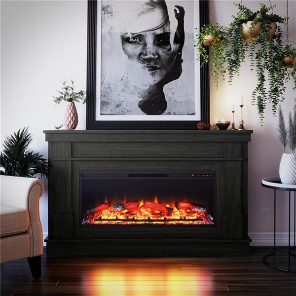 Ameriwood Home Elmcroft Black Oak Engineered Wood Wide Mantel with Linear Electric Fireplace