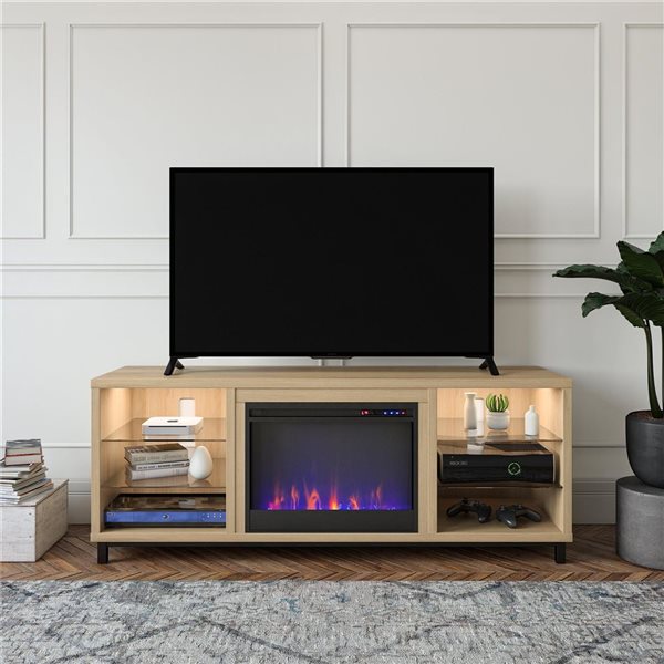 Ameriwood Home Lumina Blonde Oak Engineered Wood Deluxe Fireplace TV Stand - For TVs up to 70-in