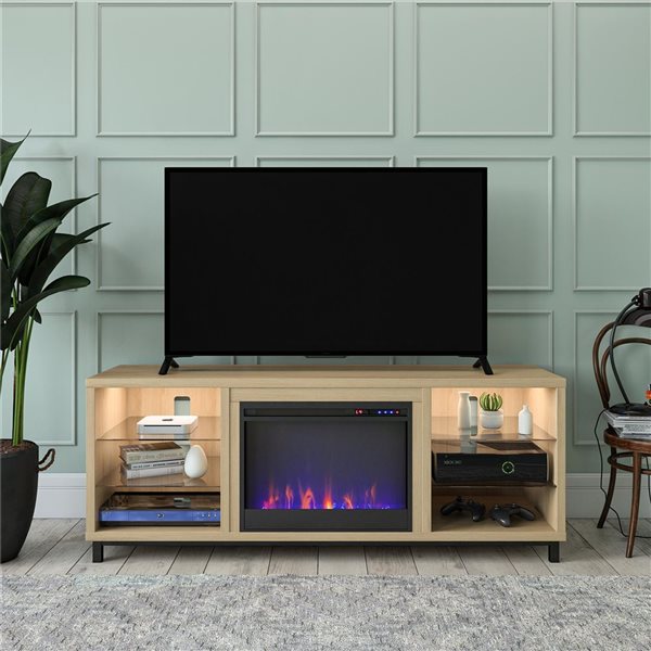 Ameriwood Home Lumina Blonde Oak Engineered Wood Deluxe Fireplace TV Stand - For TVs up to 70-in