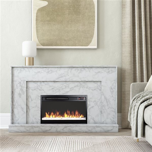 CosmoLiving by Cosmopolitan Liberty White Faux Marble Electric Fireplace with Mantel