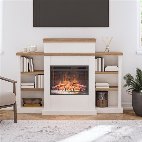 Ameriwood Home Gateswood Walnut/Faux Plaster Electric Fireplace with Mantel and Bookcase