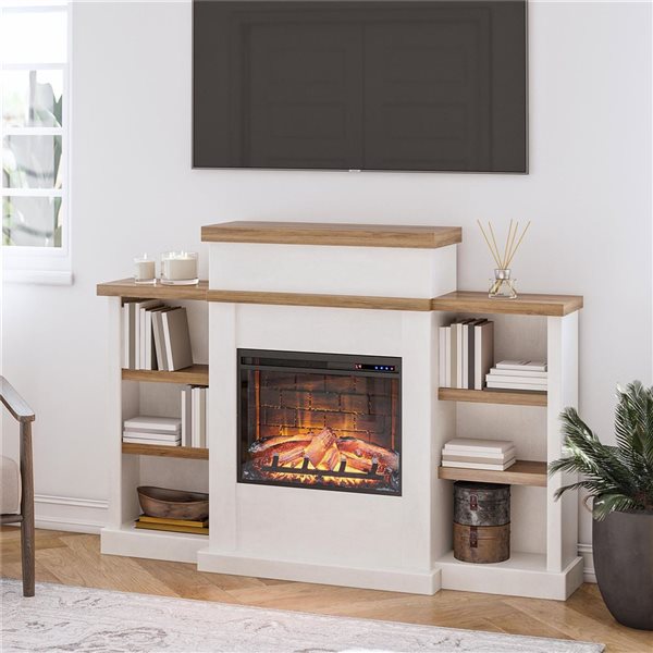 Ameriwood Home Gateswood Walnut/Faux Plaster Electric Fireplace with Mantel and Bookcase