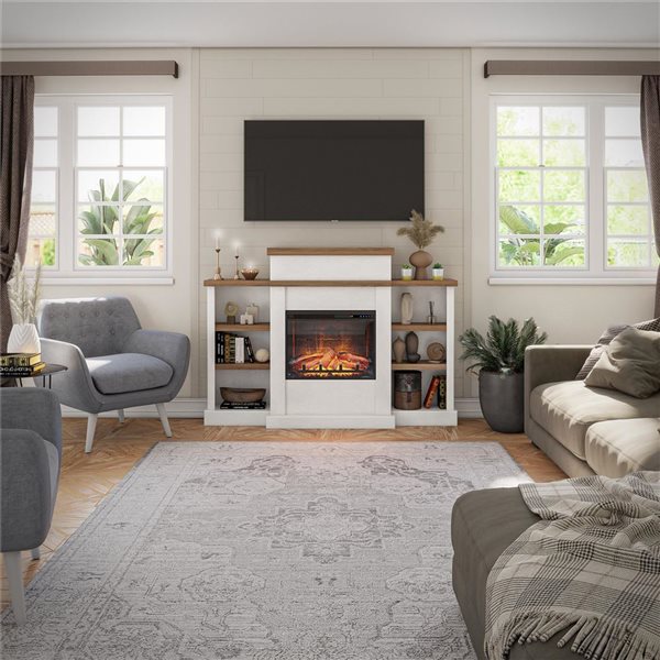 Ameriwood Home Gateswood Walnut/Faux Plaster Electric Fireplace with Mantel and Bookcase