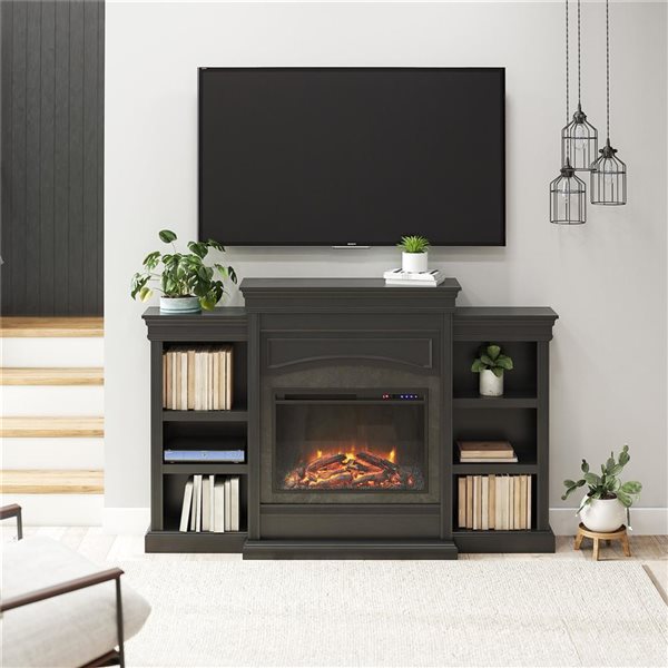 Ameriwood Home Lamont Black MDF/Particleboard Electric Fireplace with Mantel and Side Bookcases