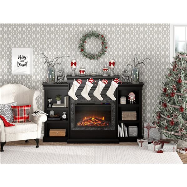 Ameriwood Home Lamont Black MDF/Particleboard Electric Fireplace with Mantel and Side Bookcases