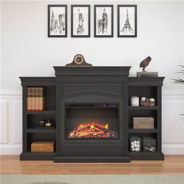 Ameriwood Home Lamont Black MDF/Particleboard Electric Fireplace with Mantel and Side Bookcases