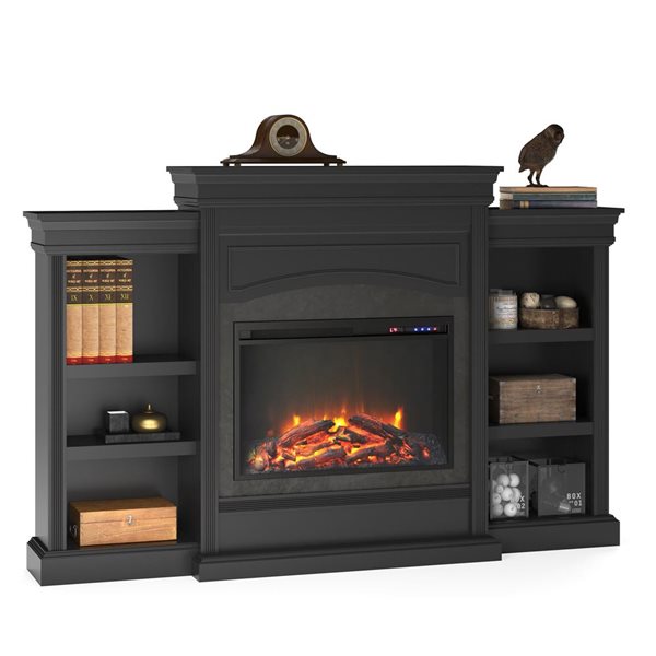 Ameriwood Home Lamont Black MDF/Particleboard Electric Fireplace with Mantel and Side Bookcases