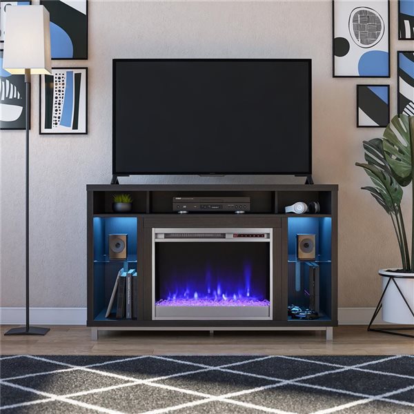 Ameriwood Home Lumina Black Oak Electric Fireplace TV Stand w/ LED Lights - For TVs up to 48-in