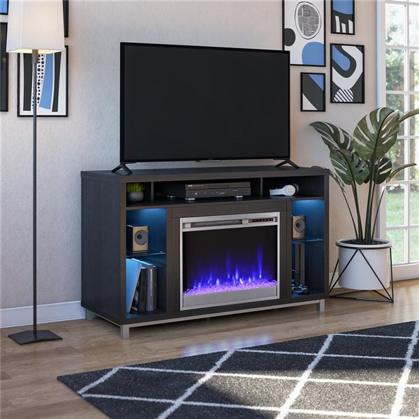 Ameriwood Home Lumina Black Oak Electric Fireplace TV Stand w/ LED Lights - For TVs up to 48-in