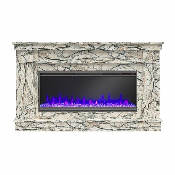 Novogratz Waverly Onyx Marble Engineered Wood Wide Mantel with Linear Electric Fireplace