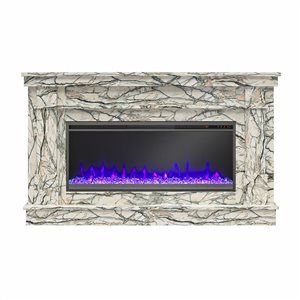 Novogratz Waverly Onyx Marble Engineered Wood Wide Mantel with Linear Electric Fireplace