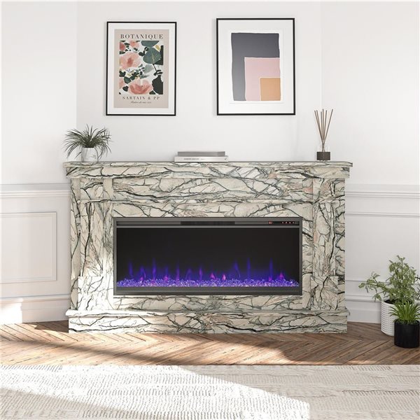 Novogratz Waverly Onyx Marble Engineered Wood Wide Mantel with Linear Electric Fireplace