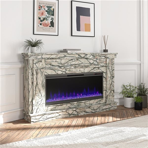 Novogratz Waverly Onyx Marble Engineered Wood Wide Mantel with Linear Electric Fireplace