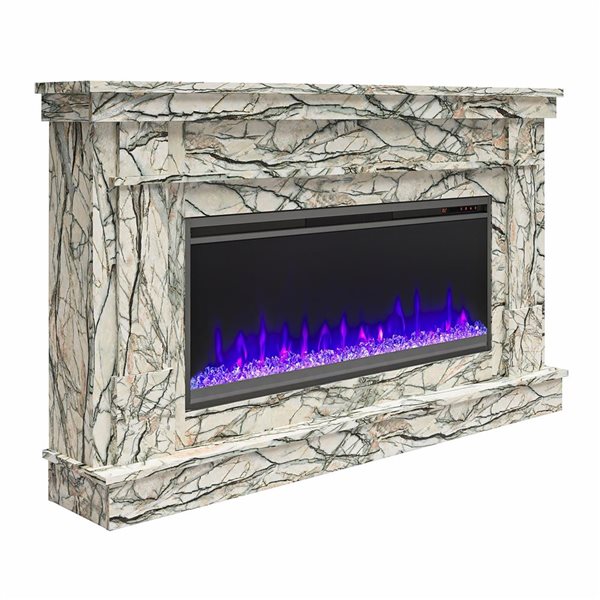 Novogratz Waverly Onyx Marble Engineered Wood Wide Mantel with Linear Electric Fireplace