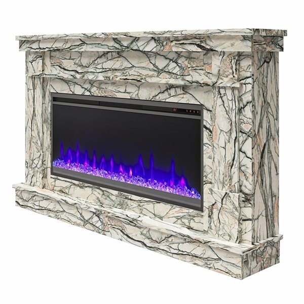 Novogratz Waverly Onyx Marble Engineered Wood Wide Mantel with Linear Electric Fireplace