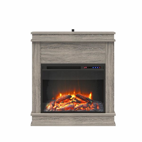 Ameriwood Home Mateo Grey Oak Electric Fireplace with Mantel and Touchscreen Display