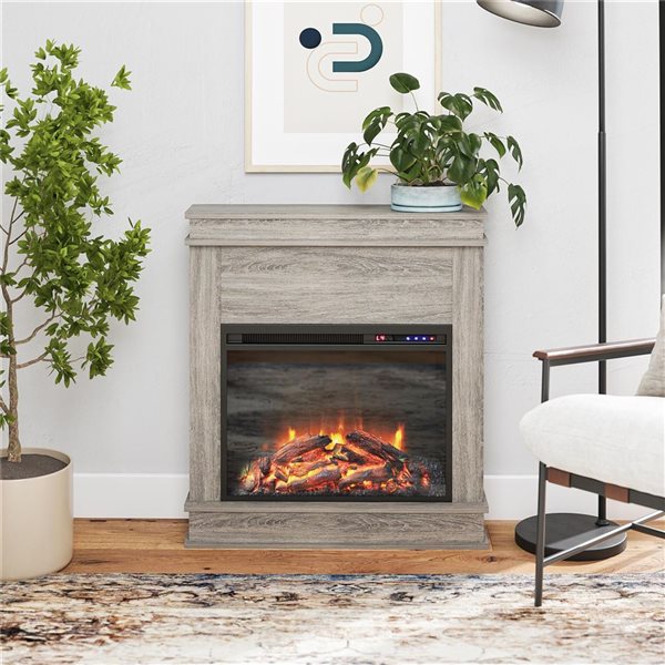 Ameriwood Home Mateo Grey Oak Electric Fireplace with Mantel and Touchscreen Display