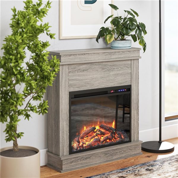 Ameriwood Home Mateo Grey Oak Electric Fireplace with Mantel and Touchscreen Display