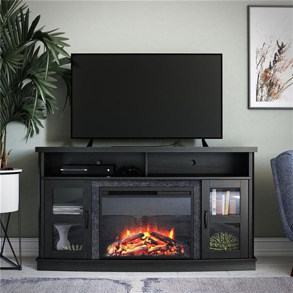 Ameriwood Home Barrow Creek Black Oak Electric Fireplace TV Console w/ Glass Doors - For TVs up to 60-in