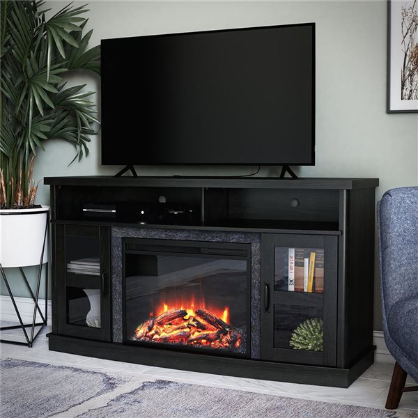 Ameriwood Home Barrow Creek Black Oak Electric Fireplace TV Console w/ Glass Doors - For TVs up to 60-in