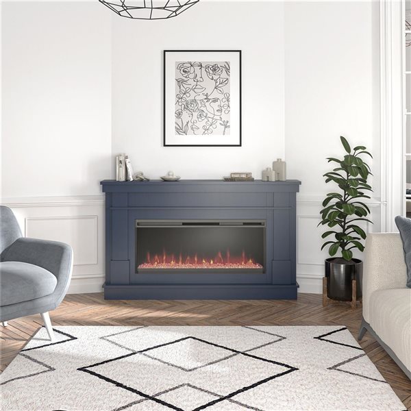 Novogratz Waverly Navy Engineered Wood Wide Mantel with Linear Electric Fireplace