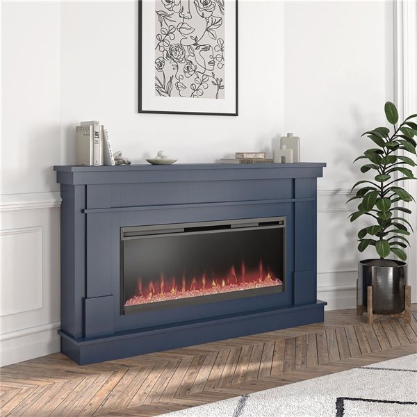 Novogratz Waverly Navy Engineered Wood Wide Mantel with Linear Electric Fireplace