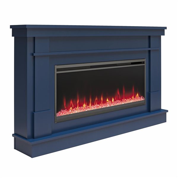 Novogratz Waverly Navy Engineered Wood Wide Mantel with Linear Electric Fireplace