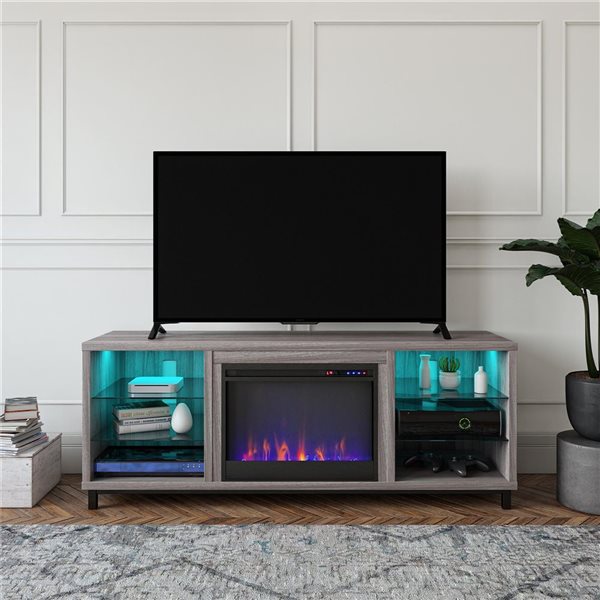 Ameriwood Home Lumina Light Walnut Engineered Wood Deluxe Fireplace TV Stand - For TVs up to 70-in