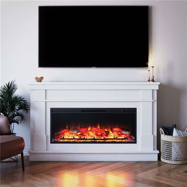 Ameriwood Home Elmcroft White Engineered Wood Wide Mantel with Linear Electric Fireplace