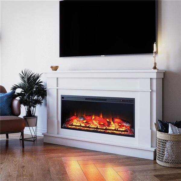 Ameriwood Home Elmcroft White Engineered Wood Wide Mantel with Linear Electric Fireplace