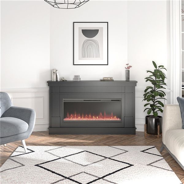 Novogratz Waverly Black Engineered Wood Wide Mantel with Linear Electric Fireplace