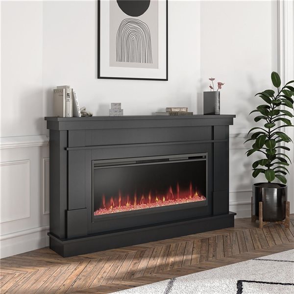 Novogratz Waverly Black Engineered Wood Wide Mantel with Linear Electric Fireplace