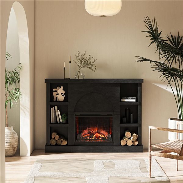 Mr. Kate Winston Faux Black Plaster Mantel with Electric Fireplace and Built-in Bookshelves