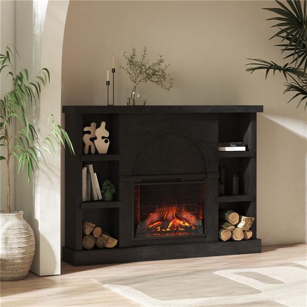 Mr. Kate Winston Faux Black Plaster Mantel with Electric Fireplace and Built-in Bookshelves