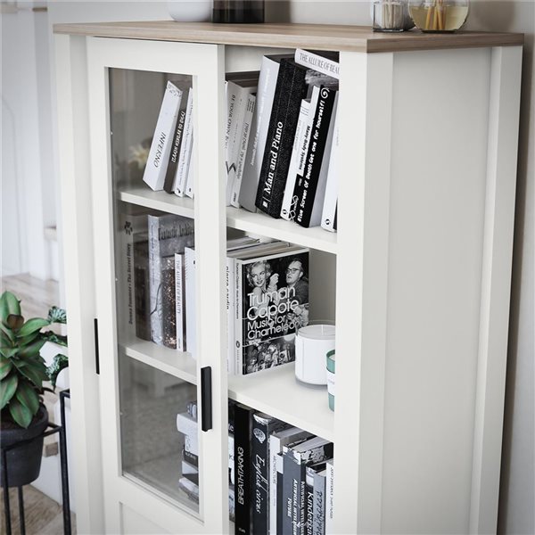 Ameriwood Home Chapel Hill 51 H x 32-in W White/Brown Oak MDF Rustic Farmhouse Bookcase Cabinet w/ Sliding Glass Doors