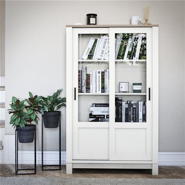 Ameriwood Home Chapel Hill 51 H x 32-in W White/Brown Oak MDF Rustic Farmhouse Bookcase Cabinet w/ Sliding Glass Doors