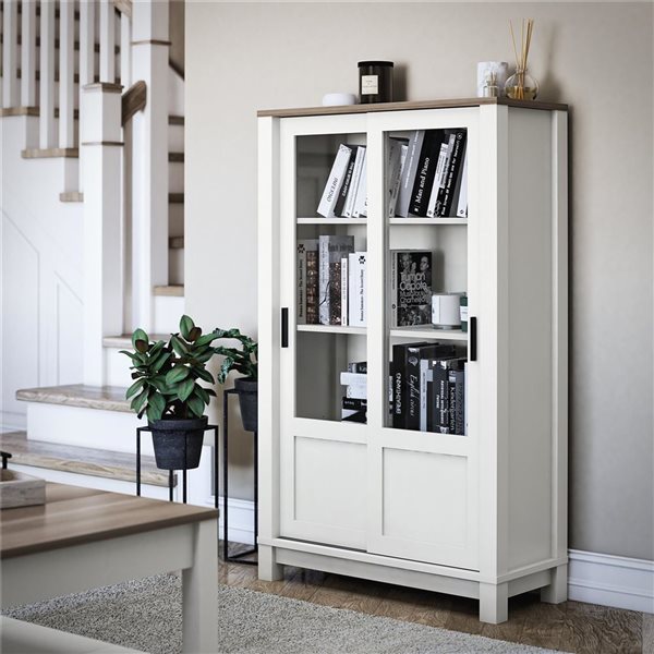 Ameriwood Home Chapel Hill 51 H x 32-in W White/Brown Oak MDF Rustic Farmhouse Bookcase Cabinet w/ Sliding Glass Doors