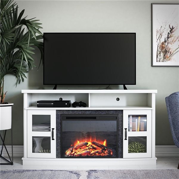 Ameriwood Home Barrow Creek White Electric Fireplace TV Console w/ Glass Doors - For TVs up to 60-in