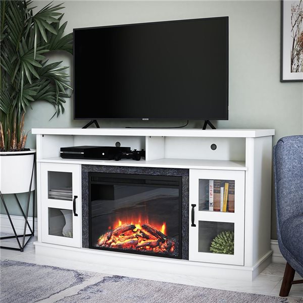 Ameriwood Home Barrow Creek White Electric Fireplace TV Console w/ Glass Doors - For TVs up to 60-in