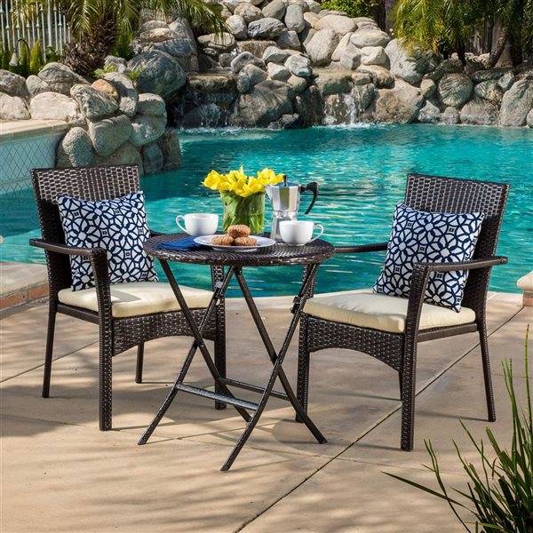 Flynama Elba Brown Polypropylene Rattan/White Polyester Cushions Transitional Bistro Set - 3-Pcs