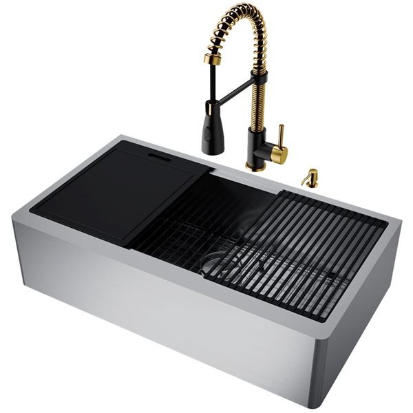 VIGO Oxford 36-in x 21-in Stainless Steel Single Bowl Farmhouse Apron-Front Kitchen Sink Workstation with Faucet and Accessories