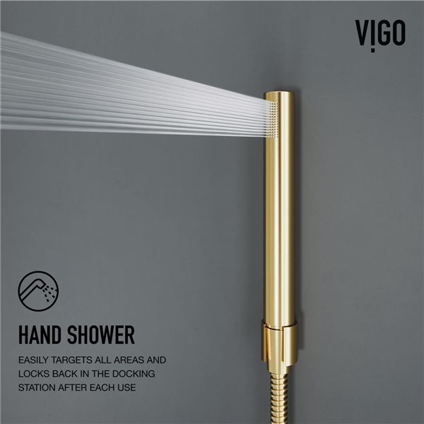VIGO Ellington&nbsp;59 x&nbsp;6-in&nbsp;4-Jet High-Pressure Shower Panel System w/ Round Fixed Rain Shower Head - Matte Brushed Gold