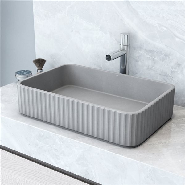 VIGO Windsor 14-in x 21-in Gray Concreto Stone Rectangular Vessel Bathroom Sink with Ashford Chrome Faucet and Pop-Up Drain